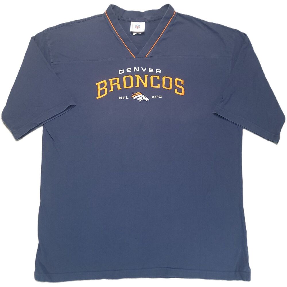 Vintage NFL Broncos Mens XL  Shirt Blue V Neck Short Sleeve Embroidered TShirt